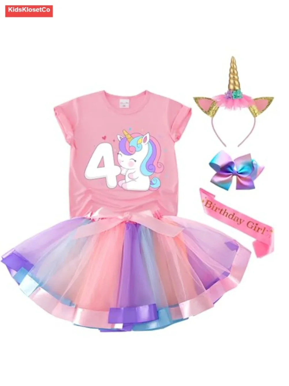 Unicorn Birthday Outfit - Shirt, Tutu Skirt, Crown, Hair Bow & Satin Sash
